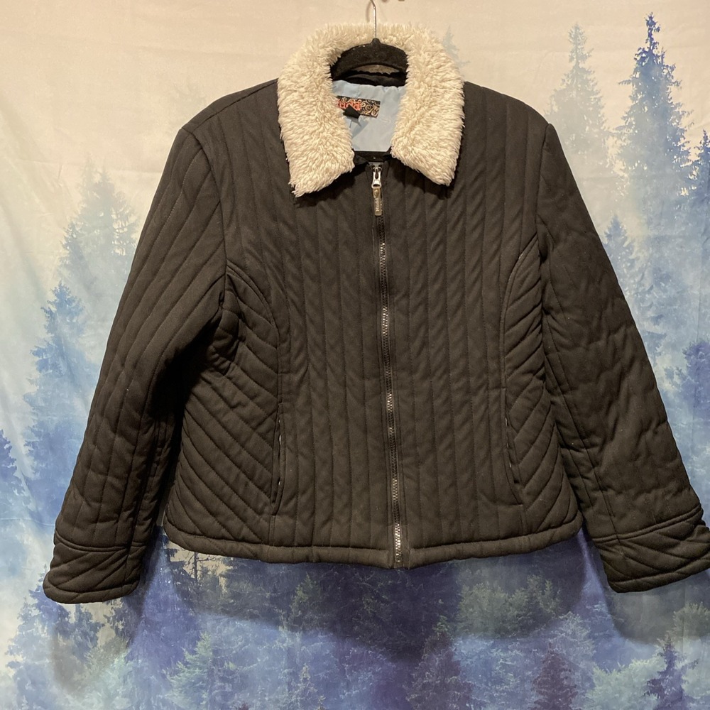 Vintage Y2K Mudd Jacket Juniors Women‎ Black Fur Trim Zip Coat Size Large
